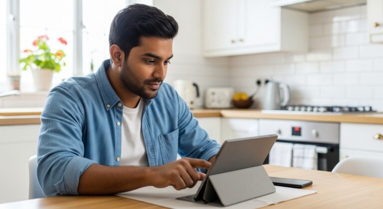 a man tapping through an app on a tablet at a kitchen table for testing apps