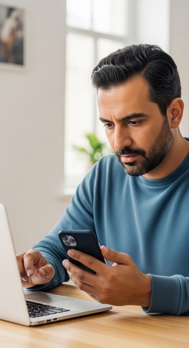 man comparing a smartphone and laptop at a home desk