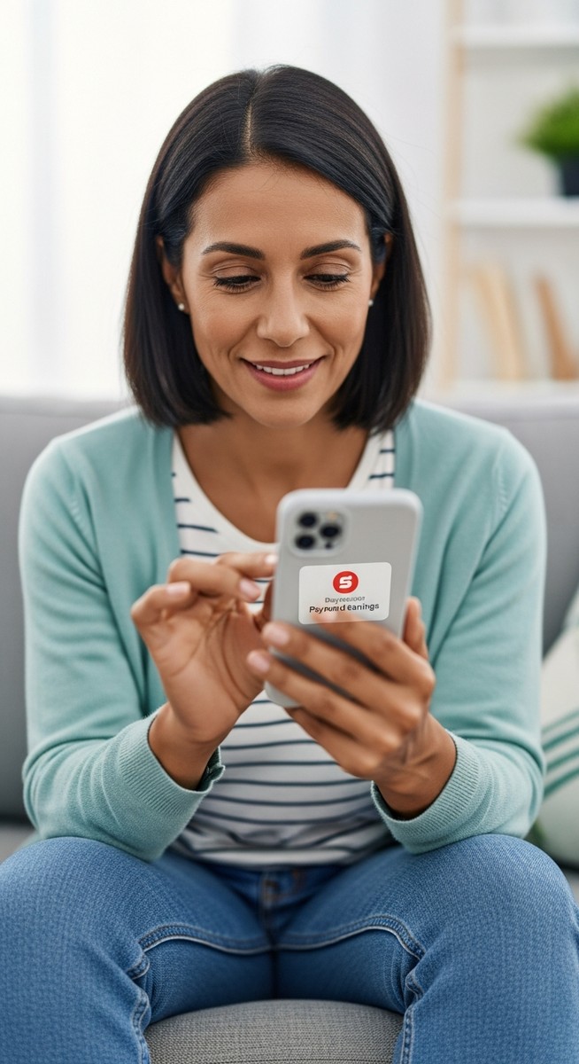 woman looking at a payment notification on her smartphone on a sofa