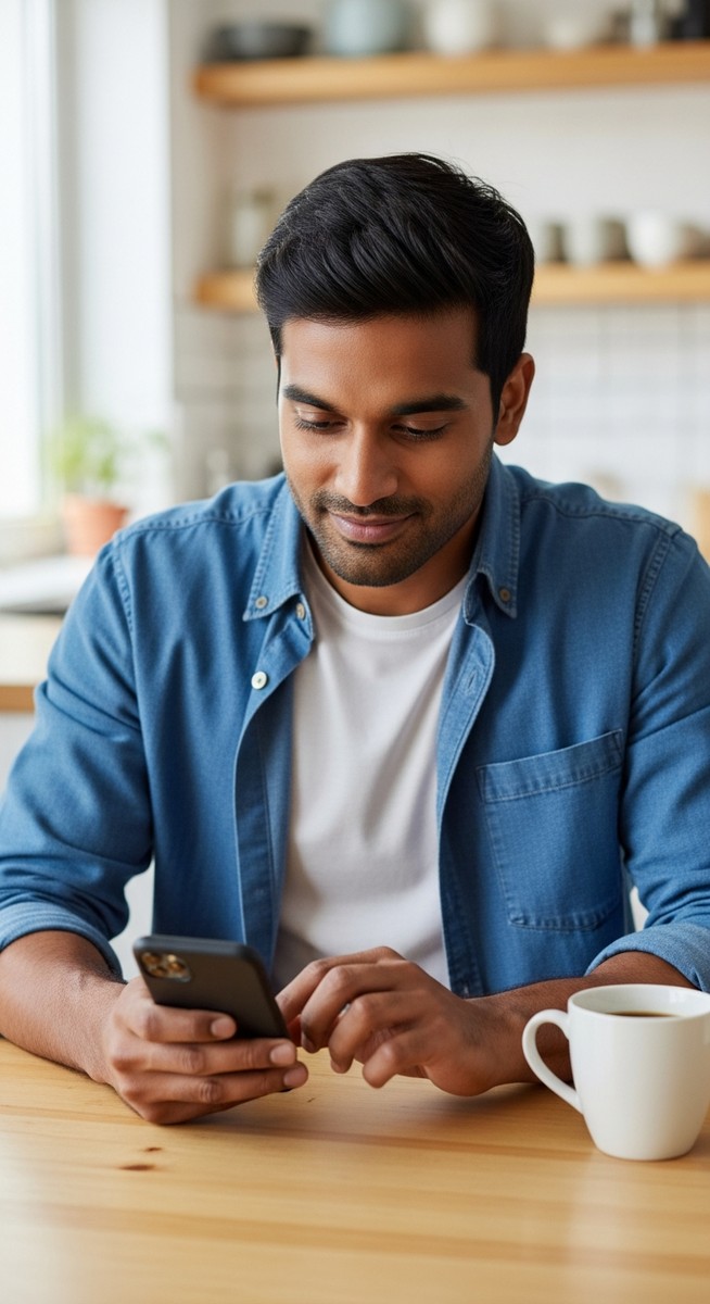 man typing on his smartphone at a kitchen table with a coffee