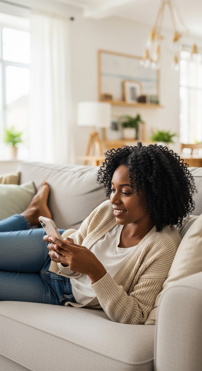 woman lying on a sofa typing on her smartphone with a relaxed expression