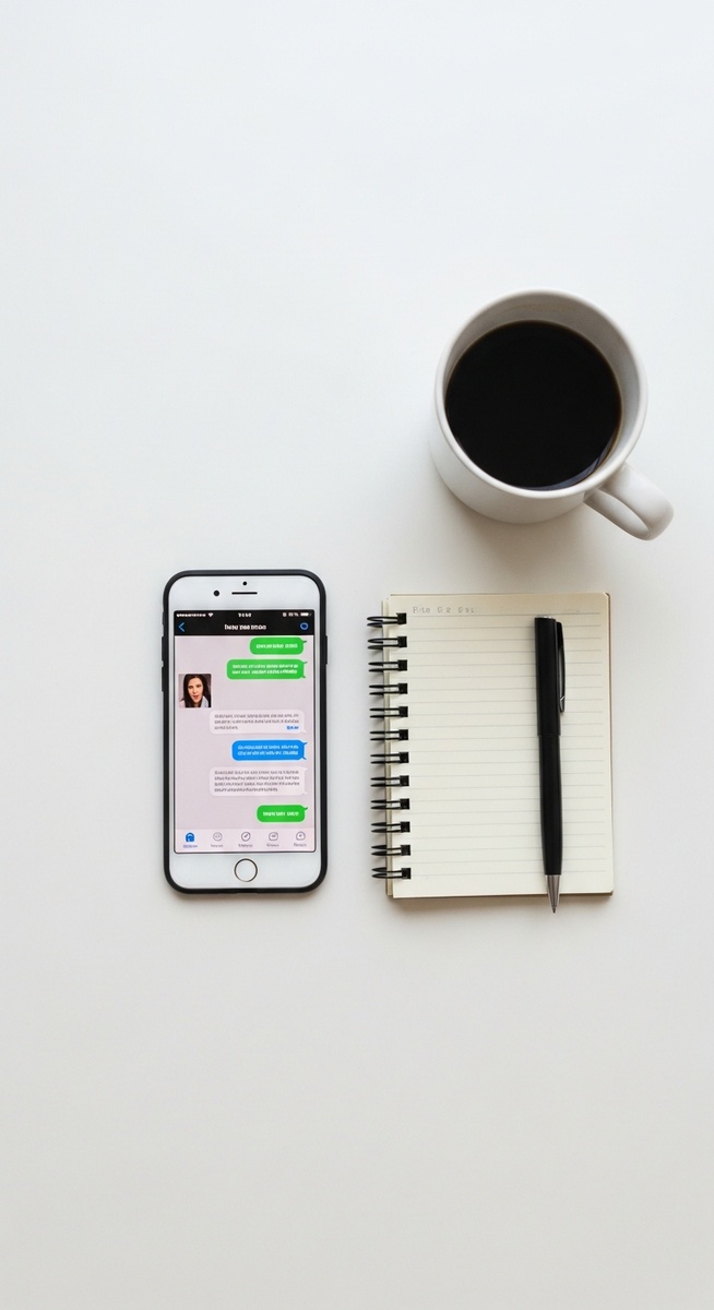 flatlay of a smartphone with a messaging app, a notebook, pen and coffee mug on a white surface
