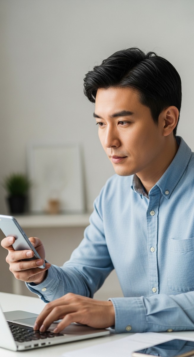 man typing on his smartphone while looking at a laptop at a home desk