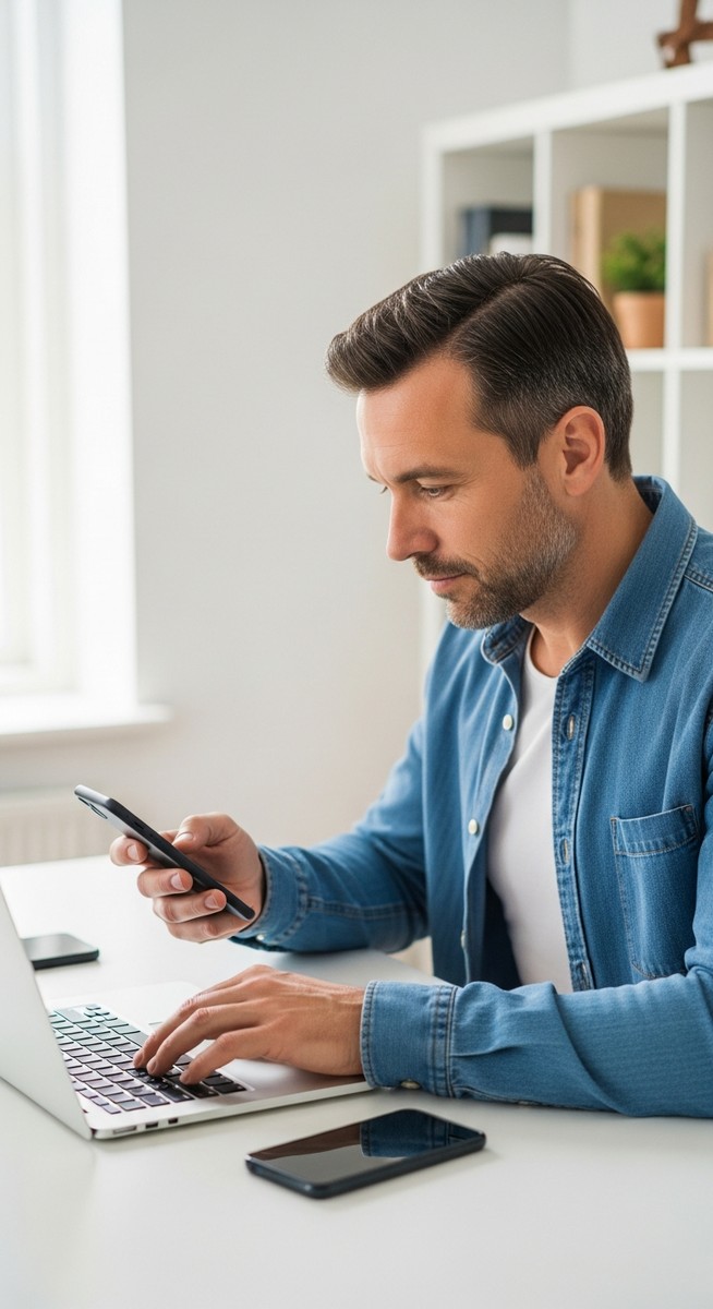 man working on a laptop and smartphone simultaneously at a home desk