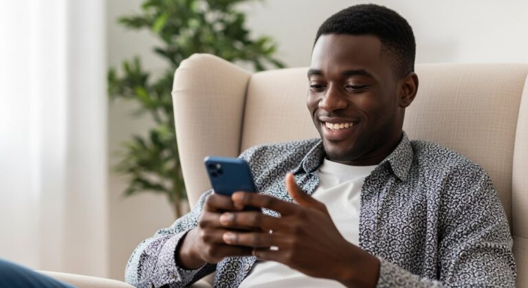man typing quickly on his smartphone in a living room armchair