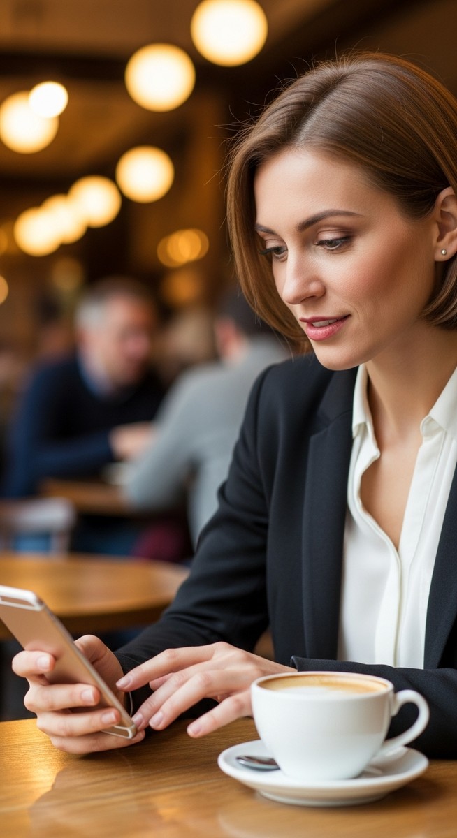 woman typing on her smartphone at a café table with a coffee