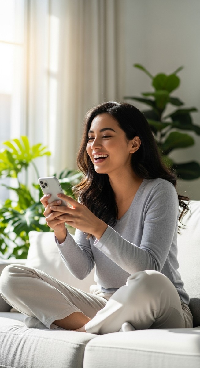 woman smiling at her phone in a bright living room