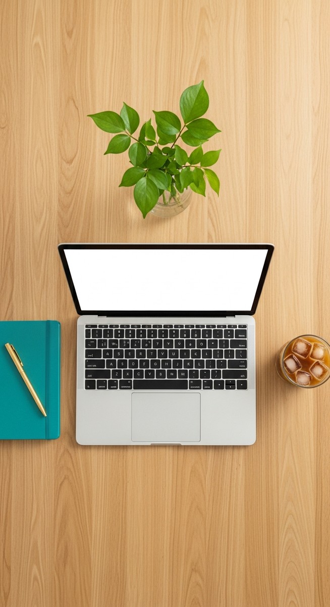 flatlay of a laptop and teal notebook on a wooden desk