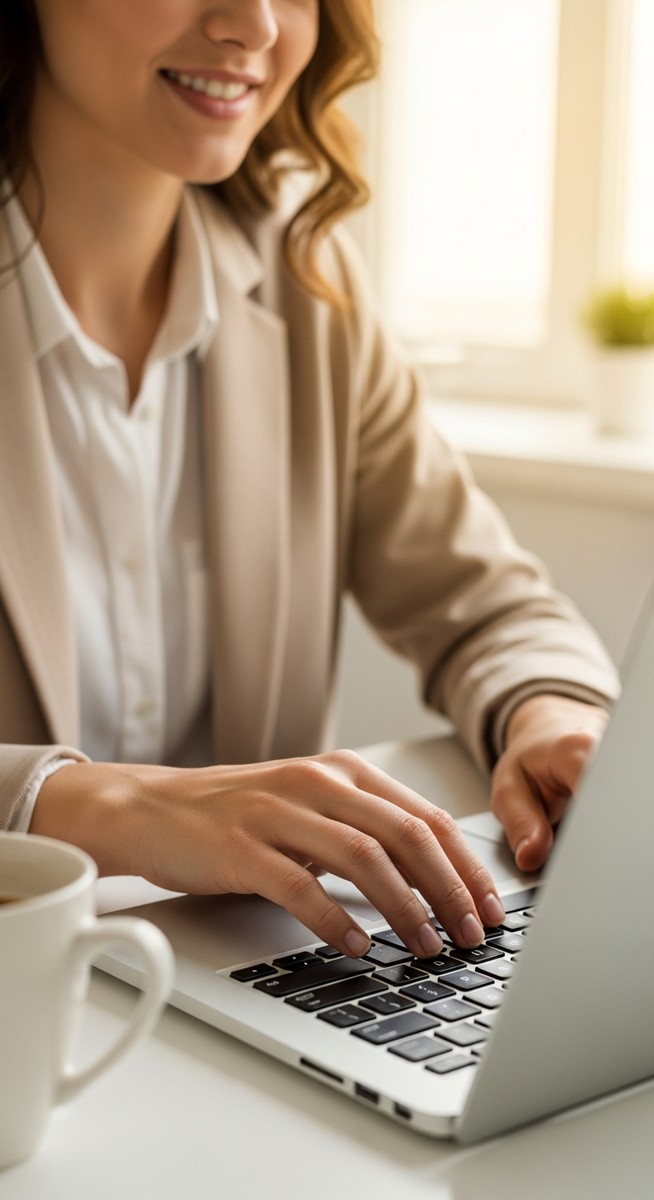 woman typing on a laptop at a bright clean desk