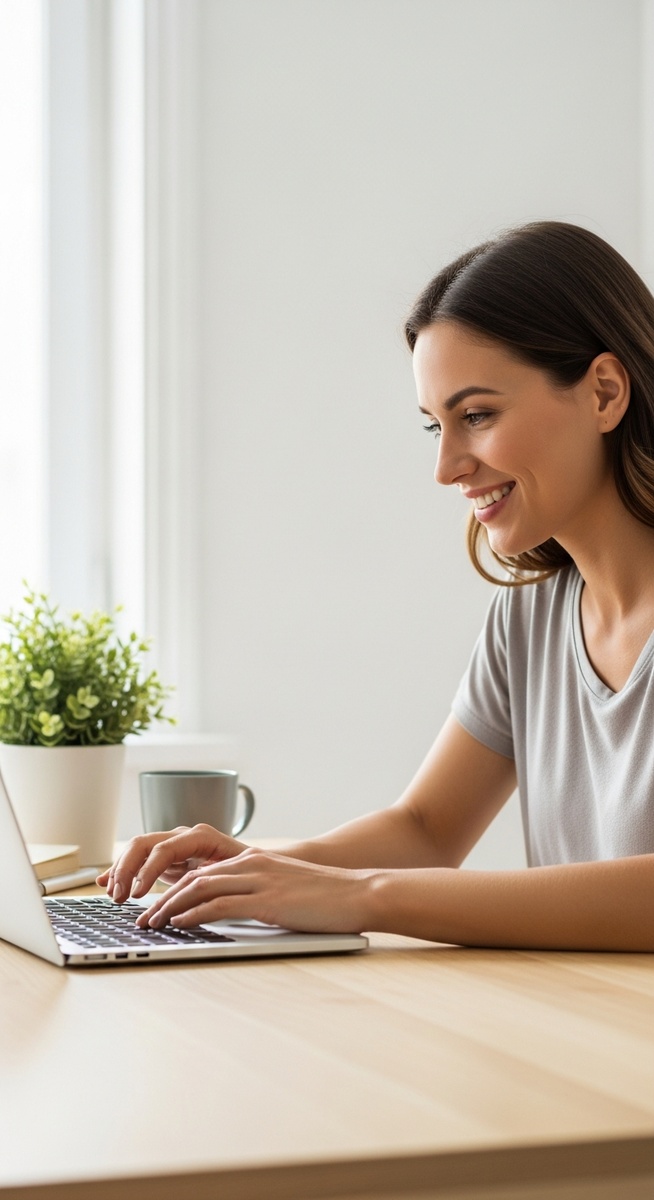 woman looking satisfied at her laptop screen at home