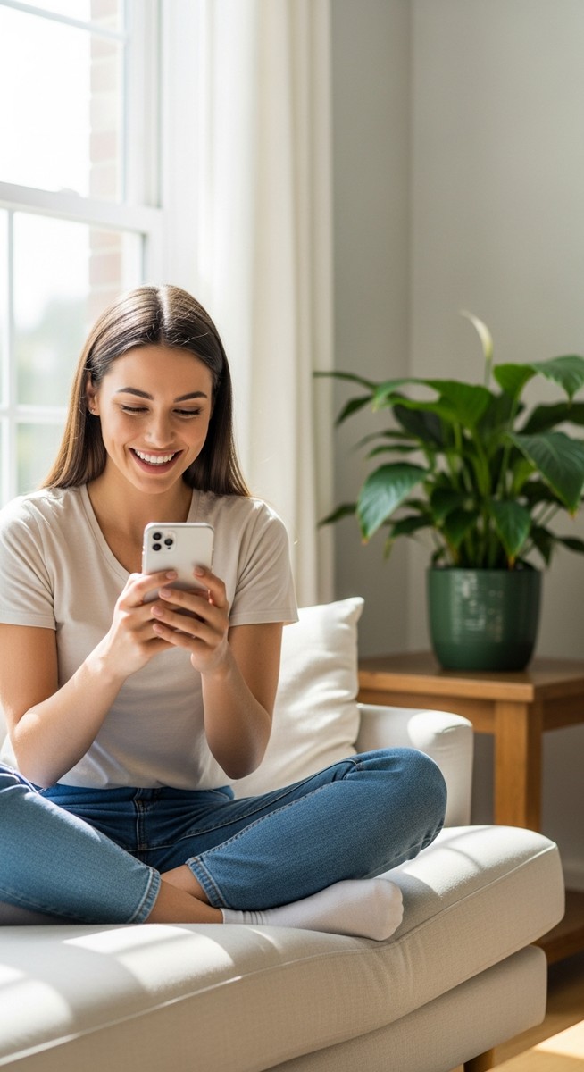 a woman smiling at her phone in a bright living room to chat online