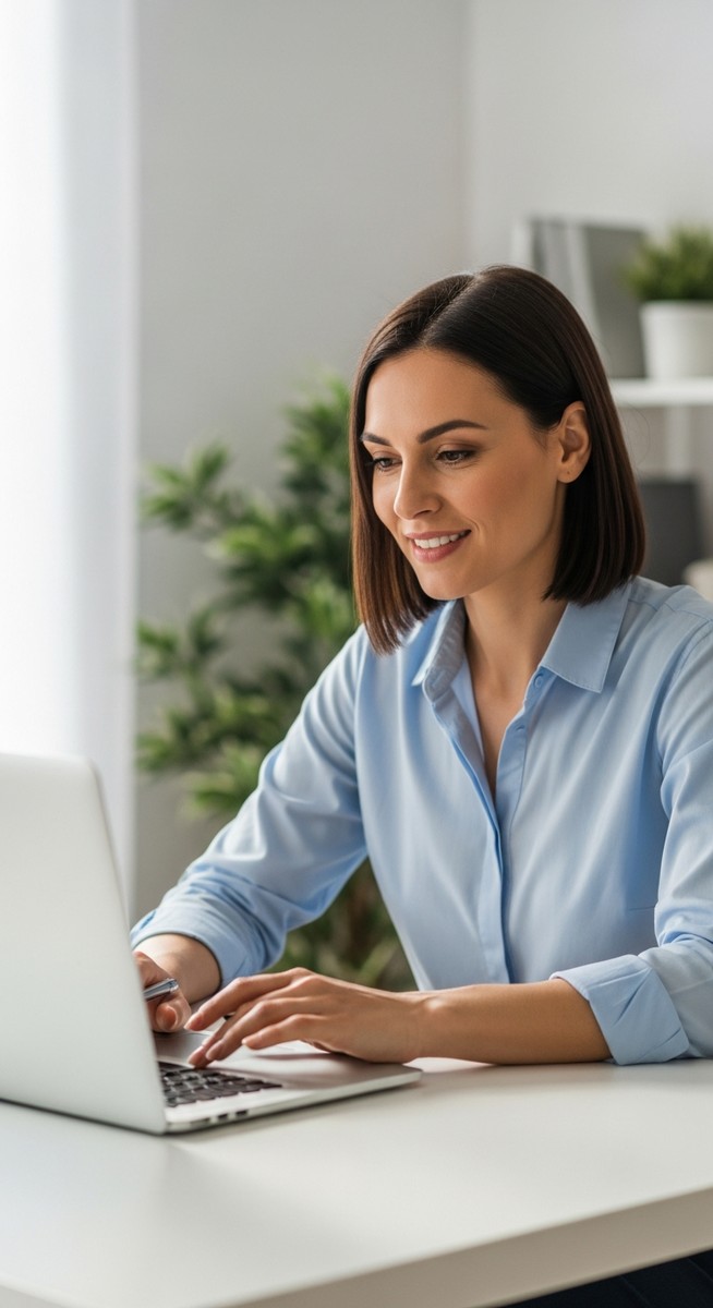 a woman working confidently on her laptop at a bright home desk to chat online