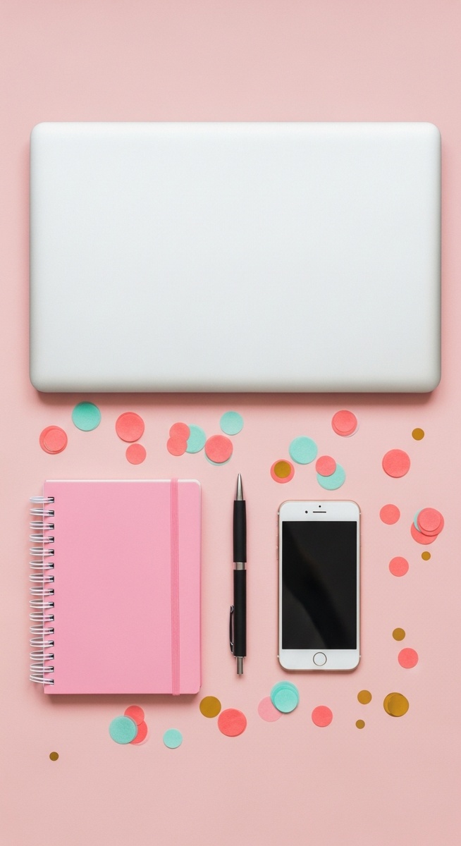pink flatlay with laptop, notebook, and phone