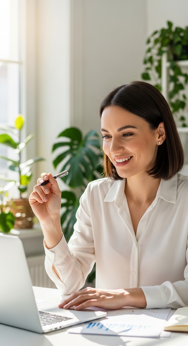 a woman smiling and thinking at her home office desk to chat online