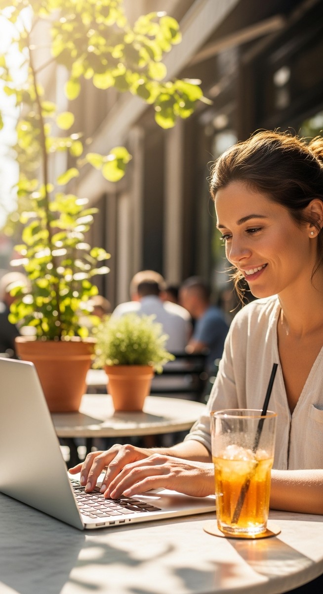 a woman working on her laptop to chat online