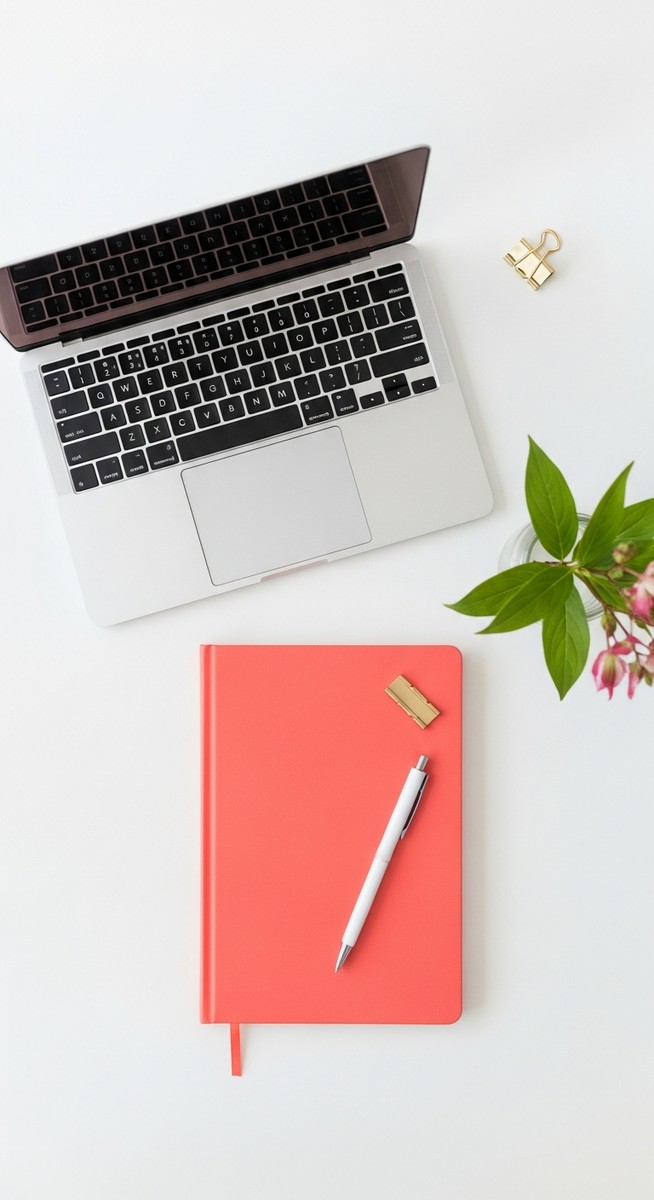flatlay with laptop and other items on a white surface