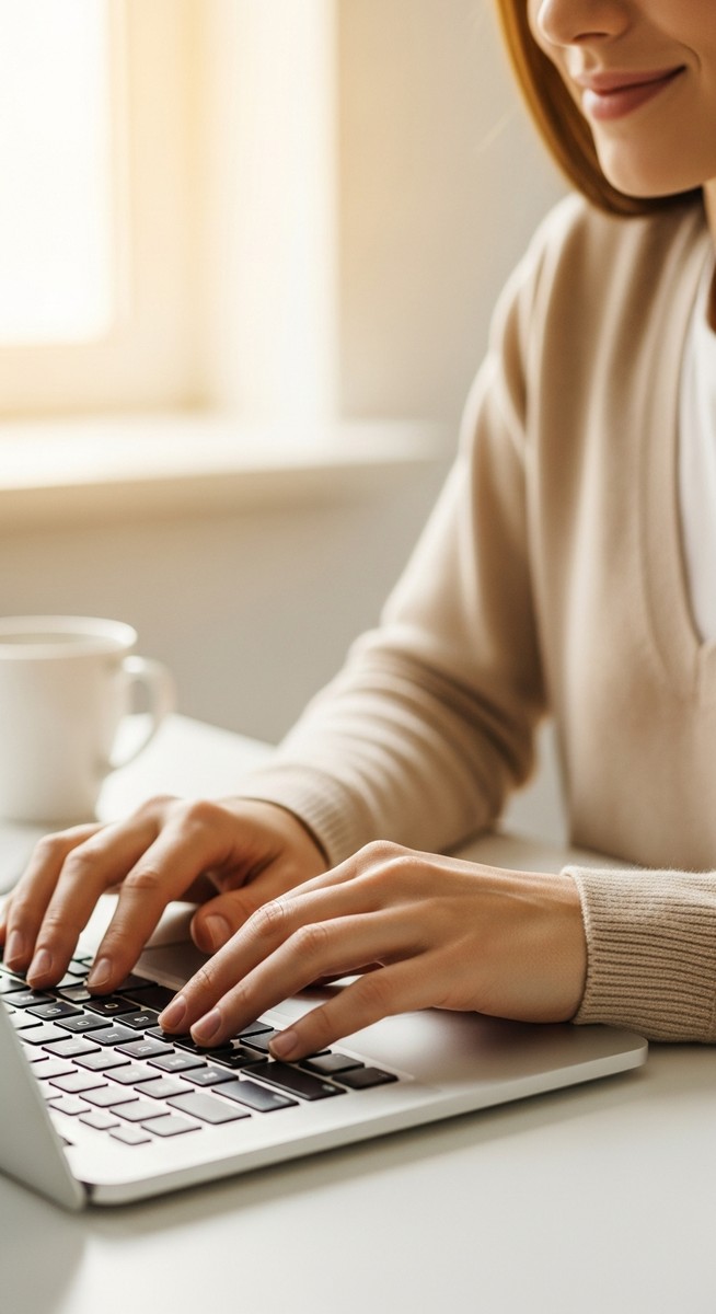 woman typing on a laptop at a bright clean desk
