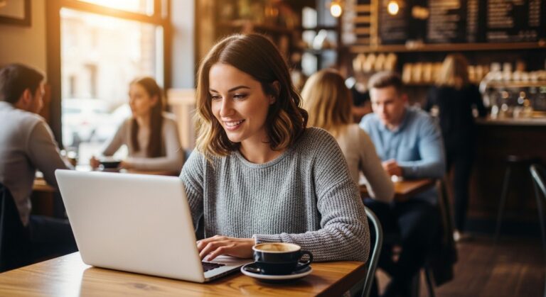 a woman working happily on her laptop to chat online