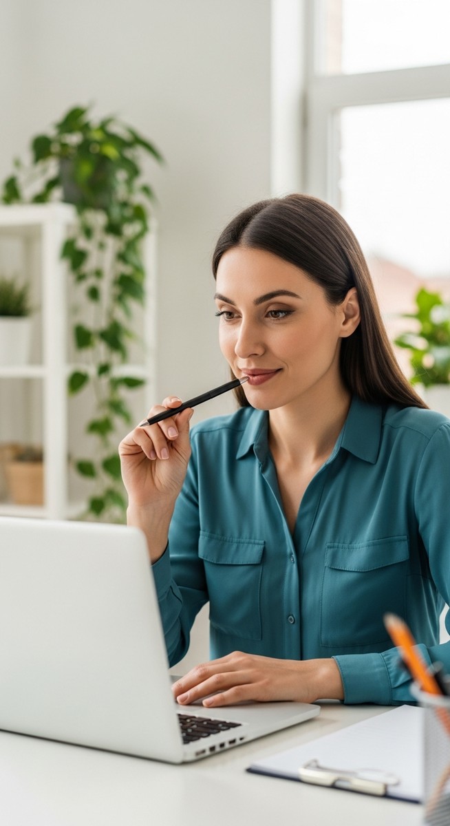 a woman smiling and thinking at her home office desk for typing jobs