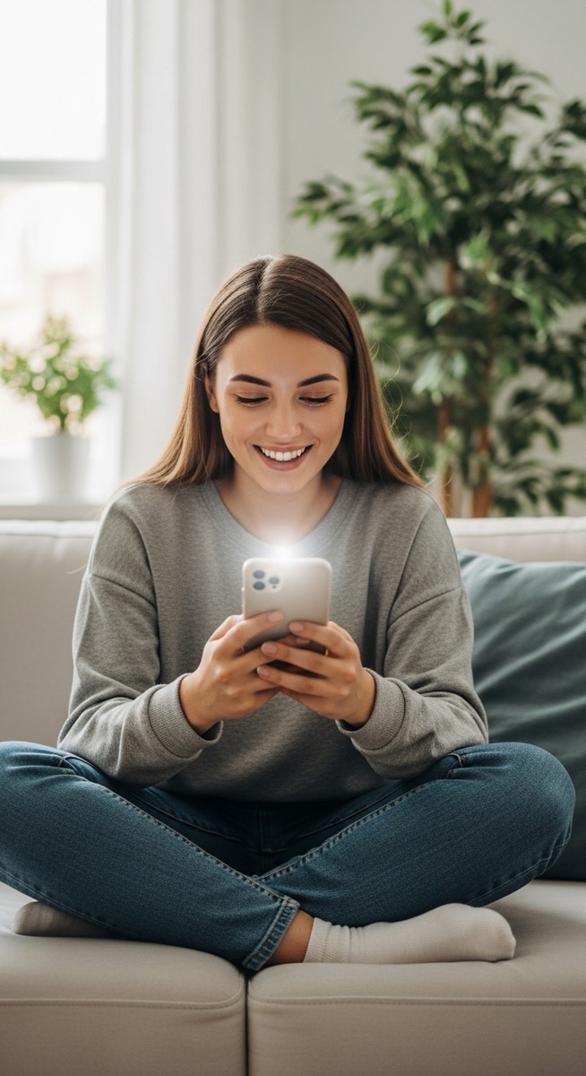 woman smiling at her phone in a bright living room