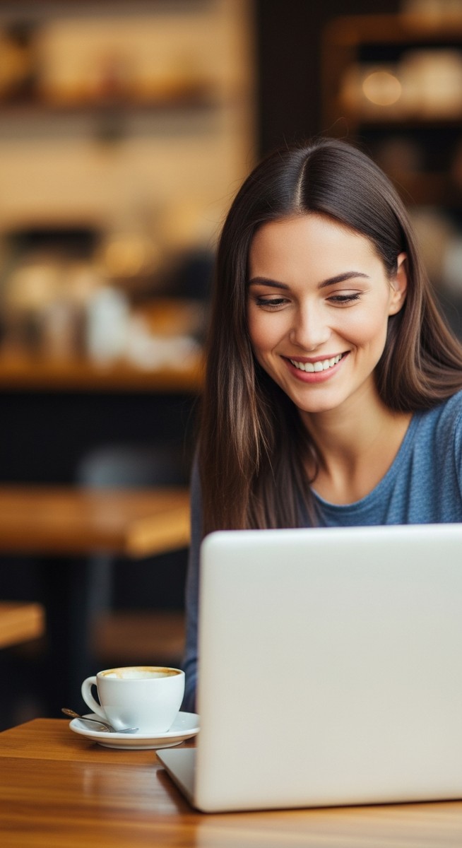 a woman working happily on her laptop for typing jobs