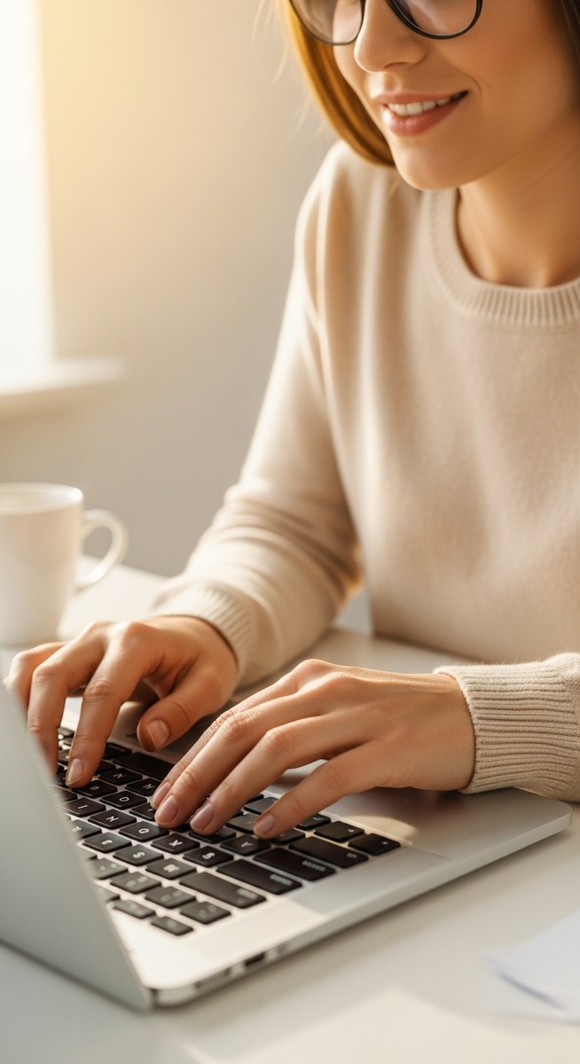 woman typing on a laptop at a bright clean desk