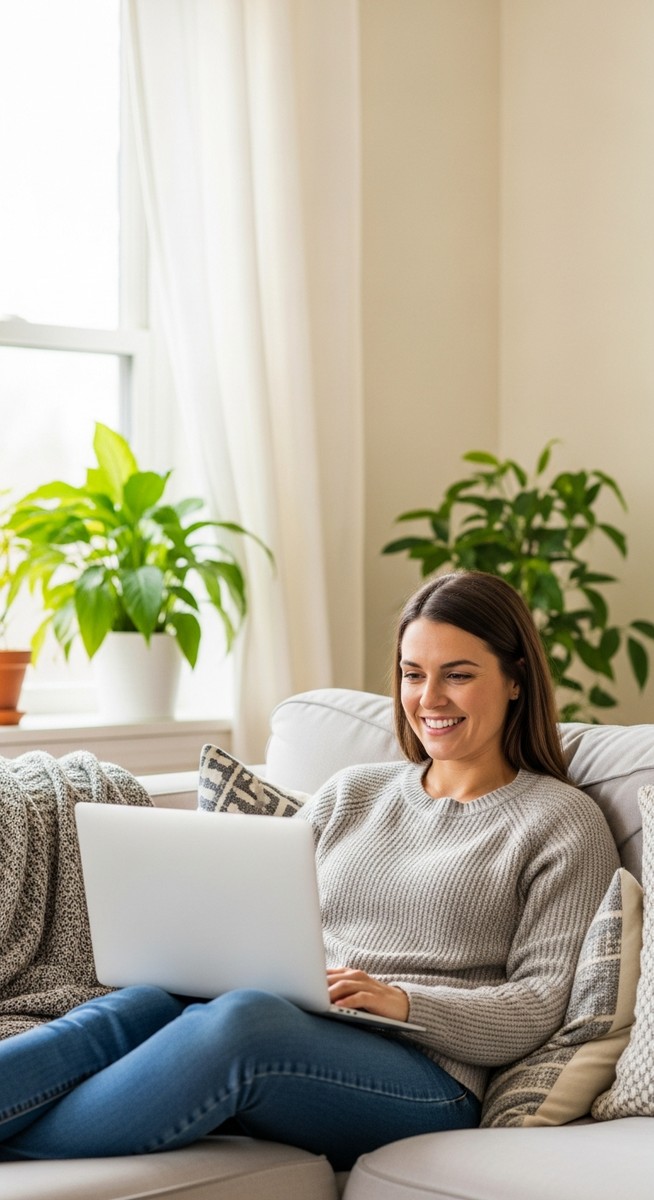 woman smiling while working on her laptop at home