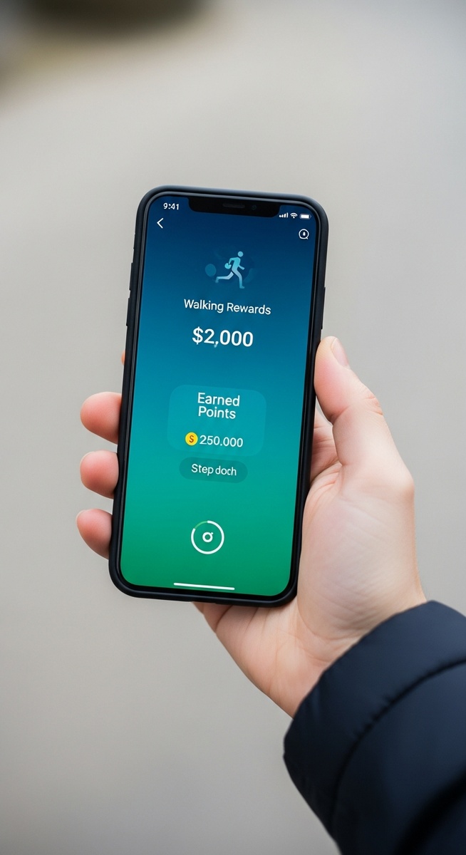 hand holding a smartphone showing a step count and walking rewards app outdoors