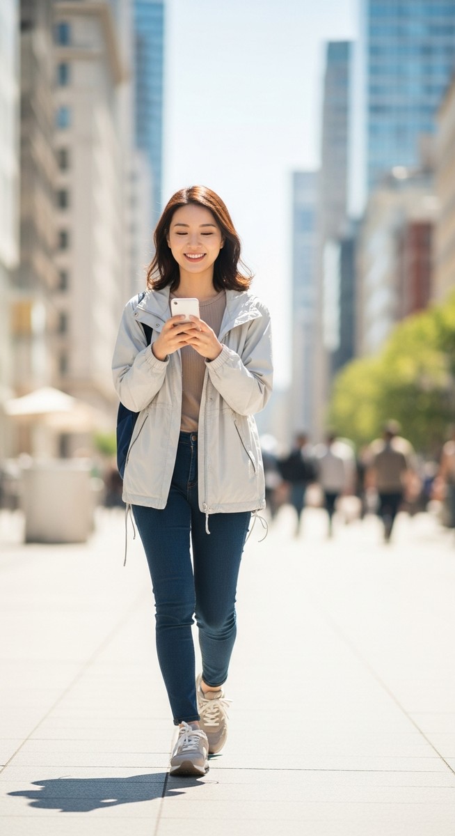 young woman walking through a bright urban area while checking her phone