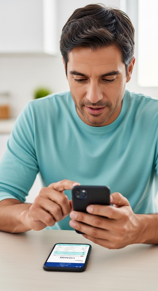 man signing up for a walking app on his smartphone at a kitchen table
