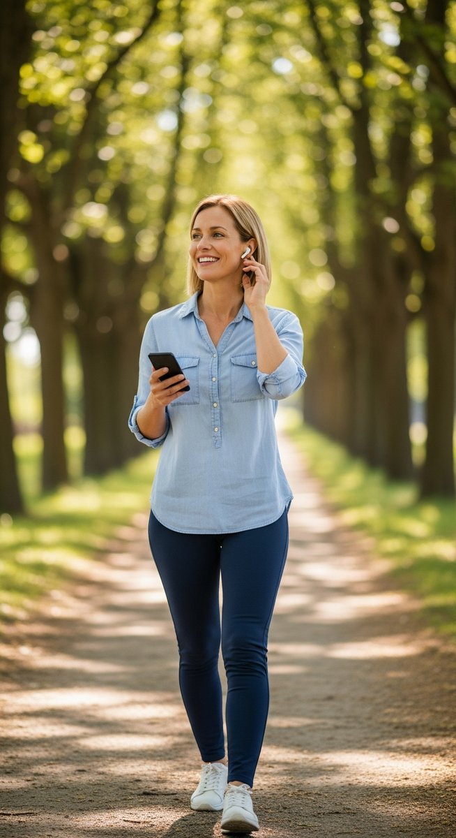 woman walking along a tree-lined path with a phone and wireless earbuds