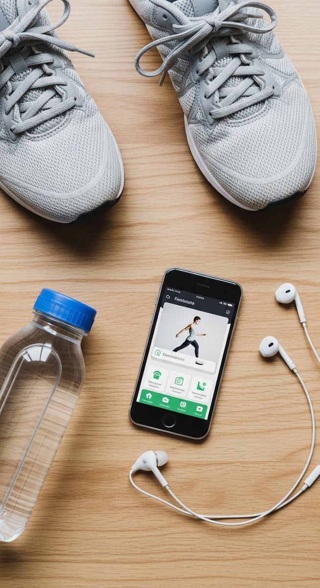 a flatlay of trainers, a smartphone with a fitness app, a water bottle and earbuds on a wooden surface to get paid walking