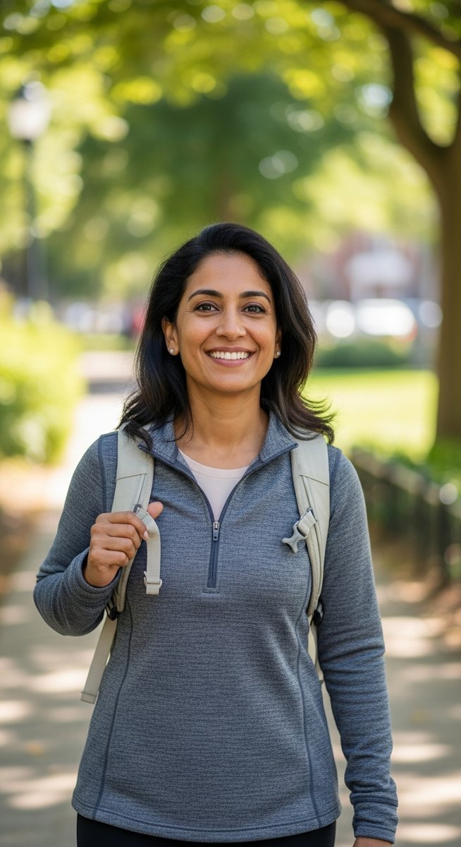 a woman walking through a park with a light backpack looking energised to get paid walking