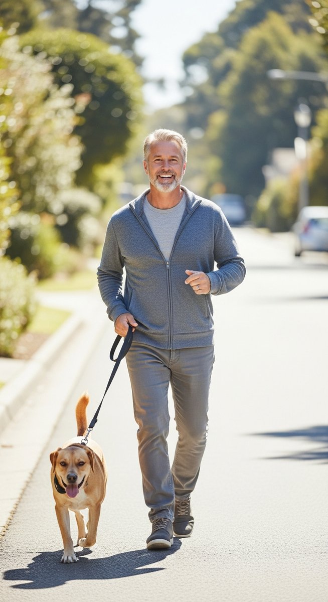 man walking a dog along a bright suburban street
