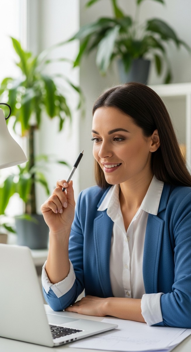 a woman smiling and thinking at her home office desk to make money