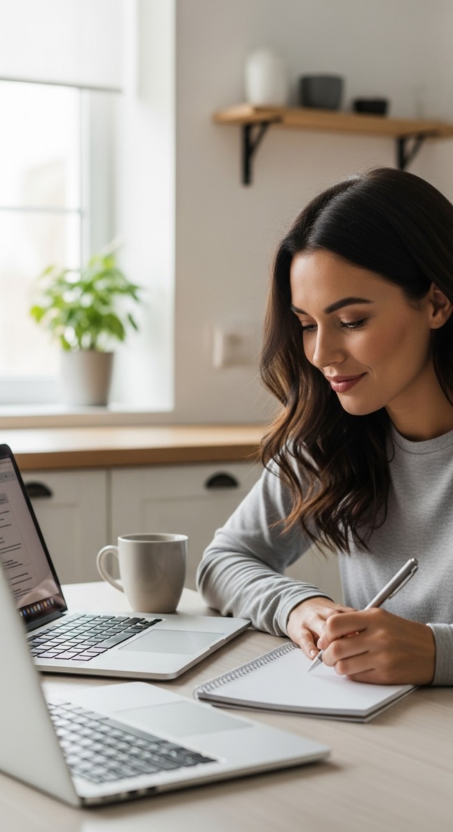 a young woman taking notes next to her laptop at a kitchen table to make money