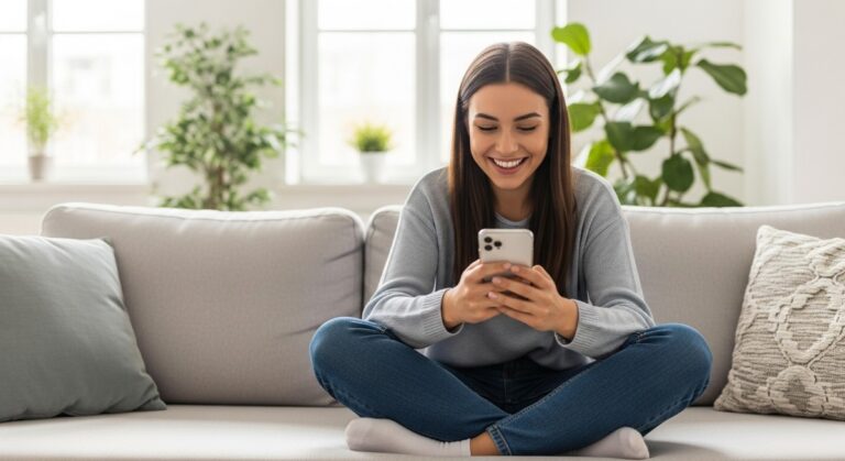 a woman smiling at her phone in a bright living room to make money