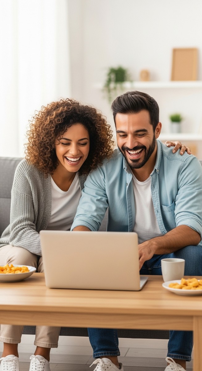 couple watching a show on a laptop together and laughing on a sofa