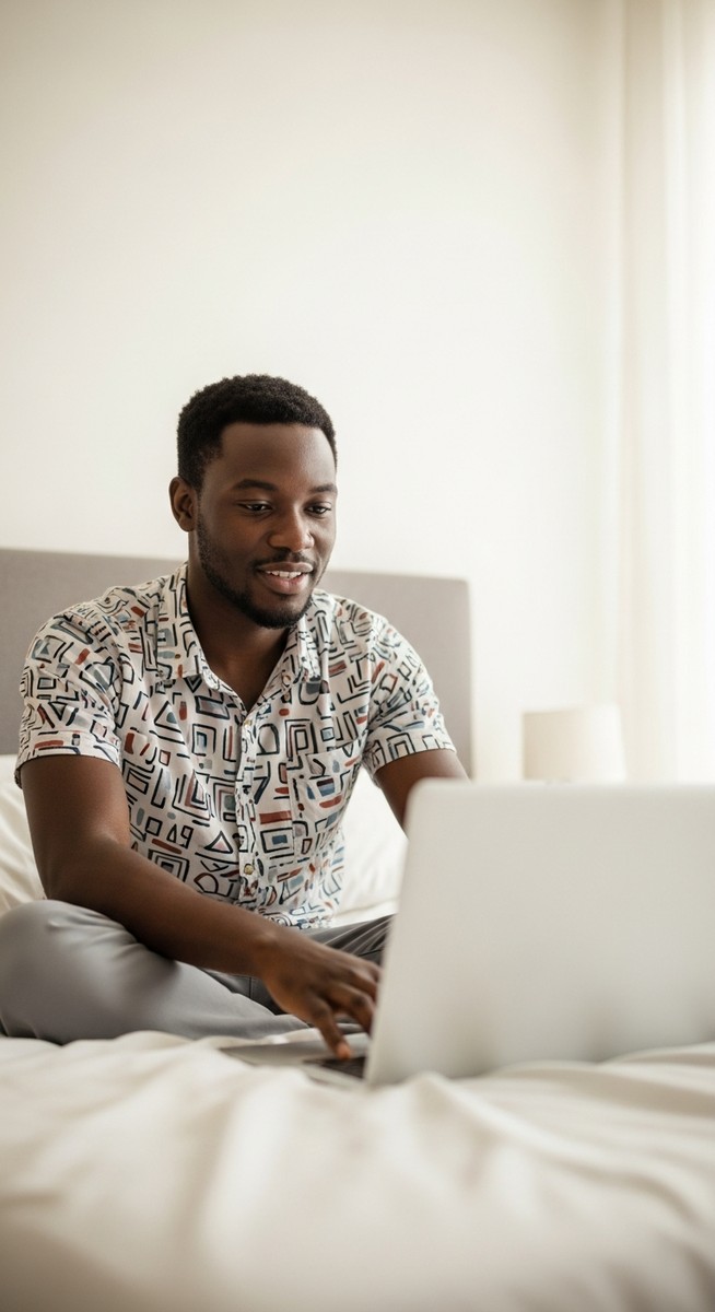 man watching a show on a laptop while sitting cross-legged on his bed