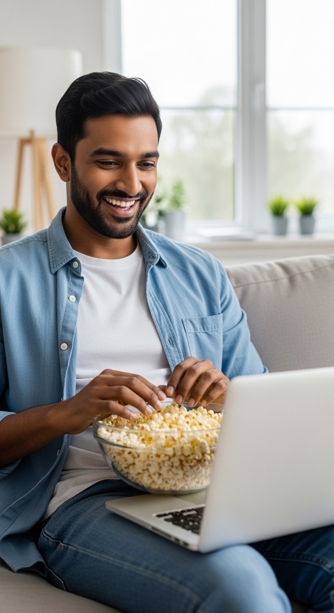 a man watching a streaming show on a laptop with a bowl of popcorn on a sofa to watch Netflix