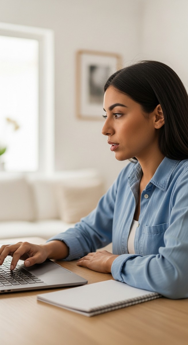 young woman watching an online video on a laptop with a notepad at a home desk