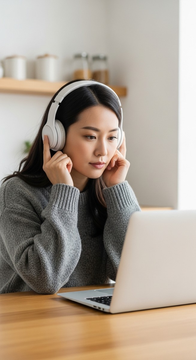 a woman watching a show on a laptop with headphones at a kitchen table to watch Netflix