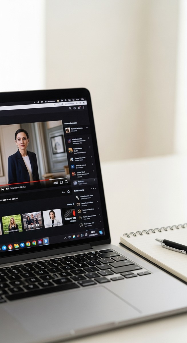 a laptop screen showing a paused streaming video with a notepad and pen beside it to watch Netflix