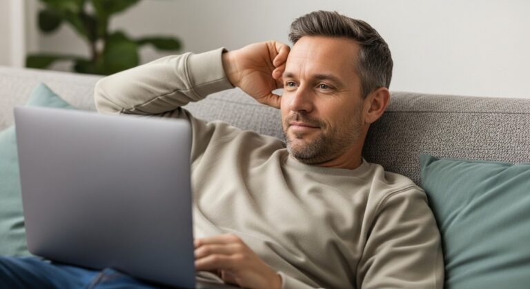 a man watching a streaming show on a laptop while lying on a sofa to watch Netflix