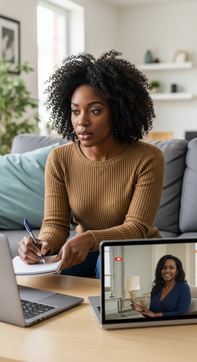 woman watching a show on a laptop and taking notes on a sofa