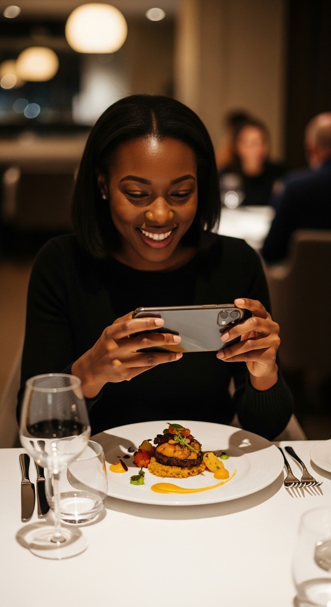 woman photographing a restaurant meal with her smartphone before eating