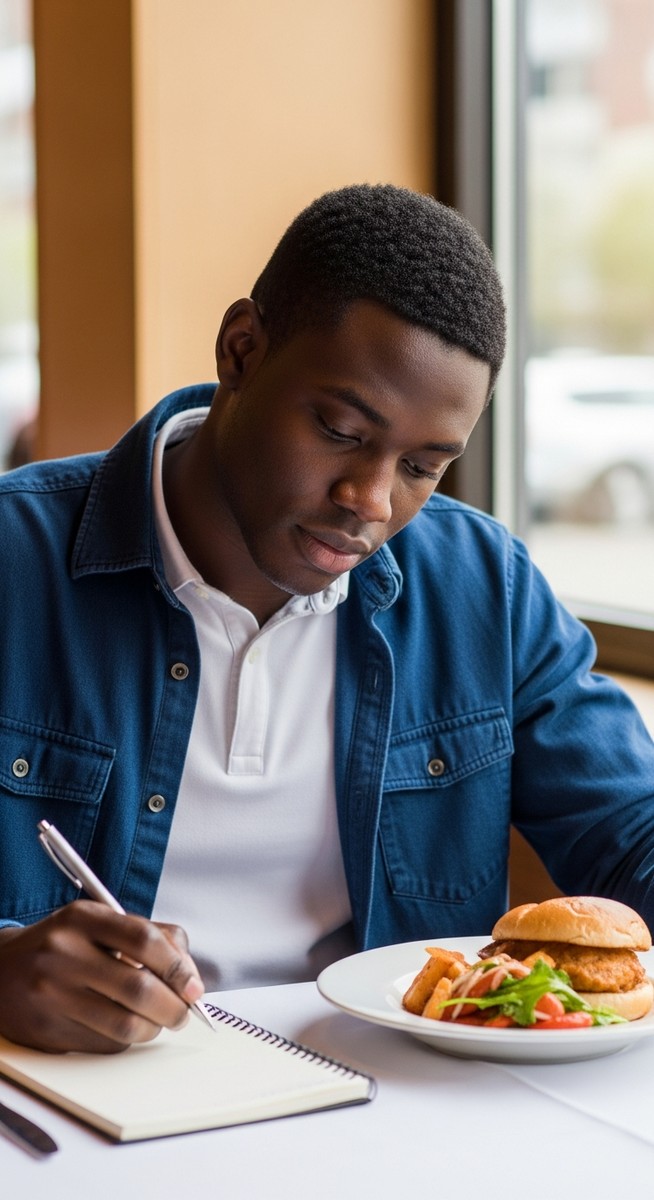 man making notes beside his meal at a restaurant table to allow him to get paid to eat