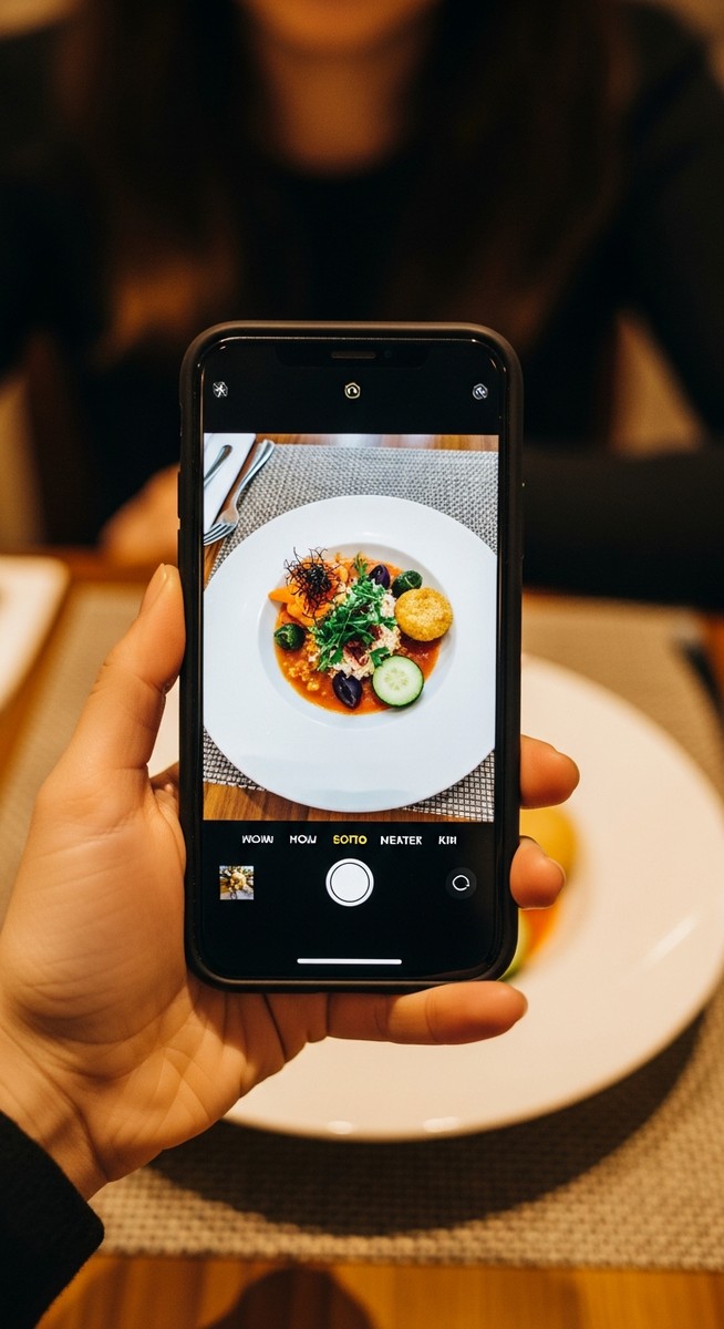 hand holding a smartphone taking a photo of a well-presented restaurant dish