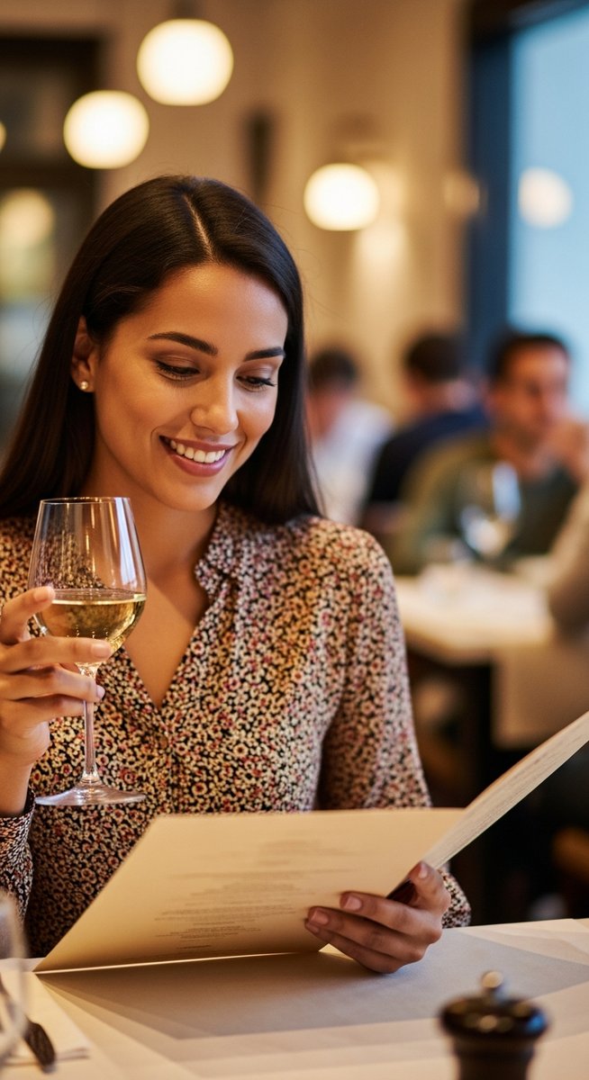 woman smiling at a menu while holding a glass of wine in a restaurant as she is getting paid to eat