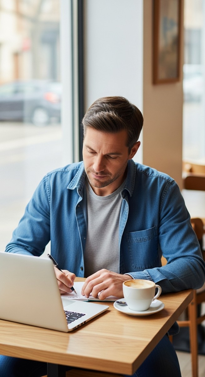 man writing notes on a laptop at a café table with a coffee